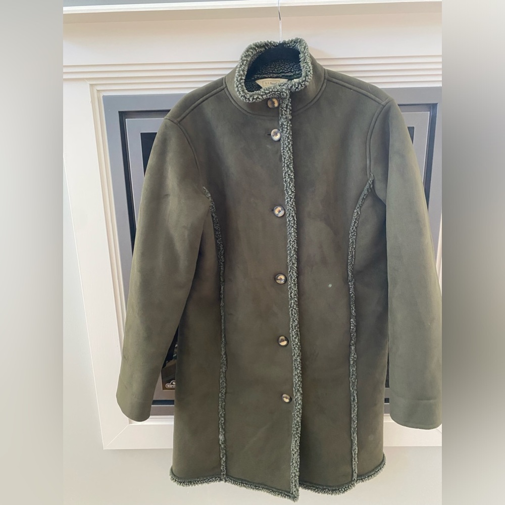 Women’s LL Bean  Warm Green Faux Suede Sherpa Lining Trench Long Coat - Sz M